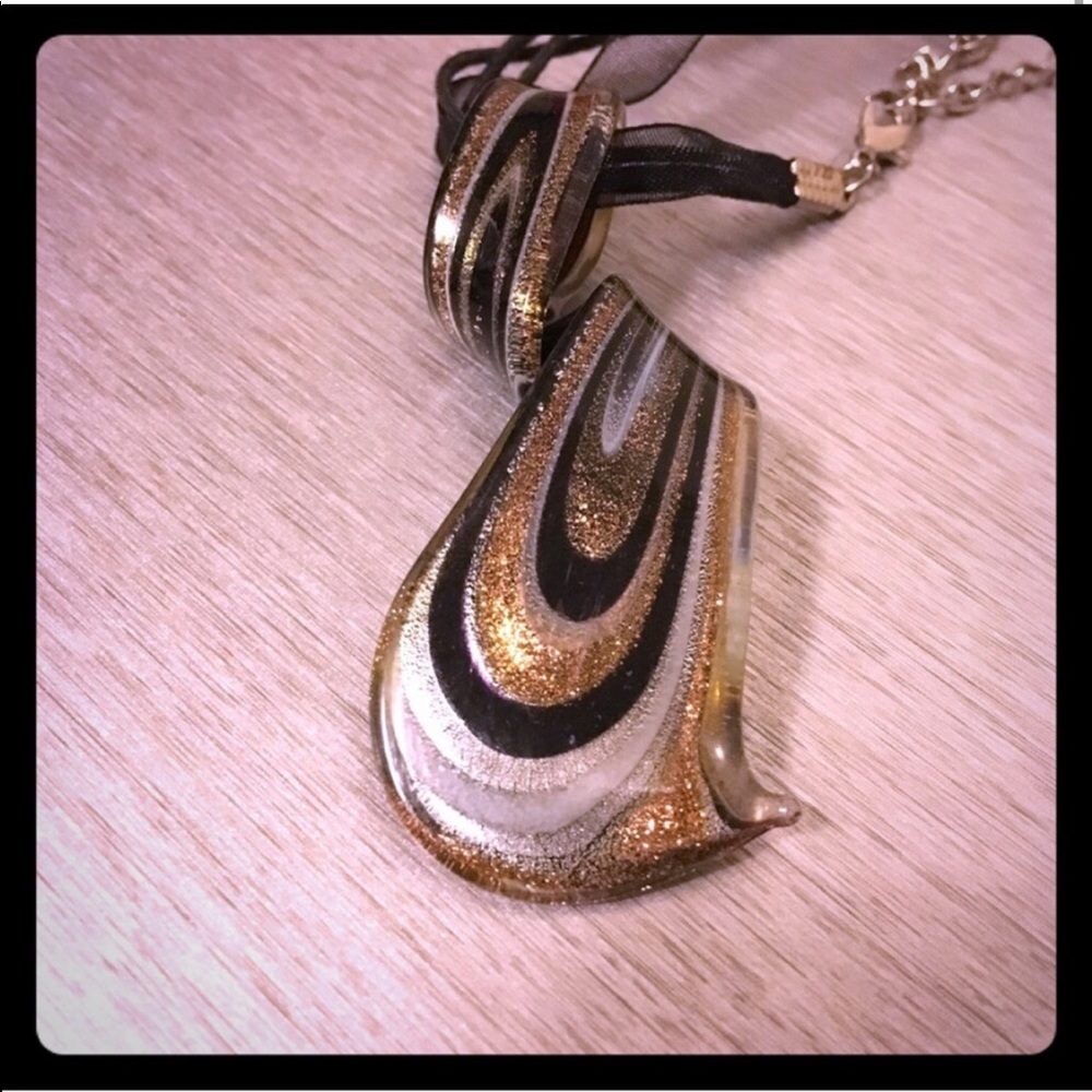 Glass Statement Pendant Necklace Black Sheer Ribbon Cord Blown Glass Adjustable - Picture 3 of 6